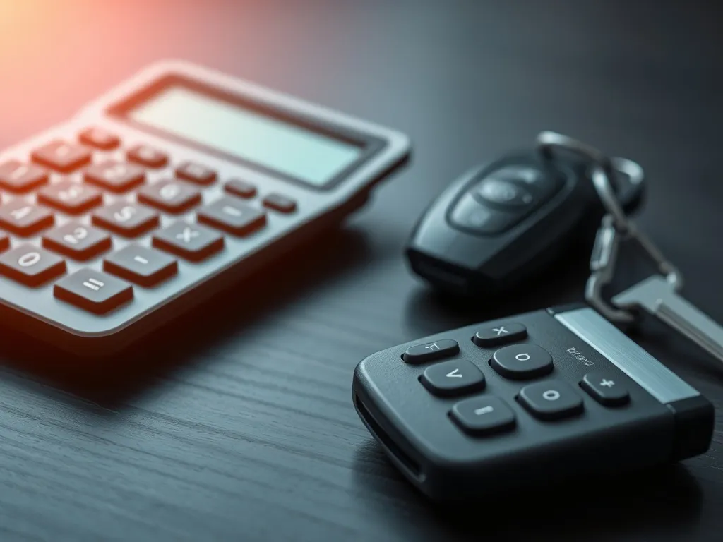 Close up of a calculator and a car key on a dark wooden tabl