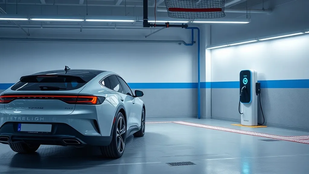 A modern electric vehicle charging at a sleek station in a c