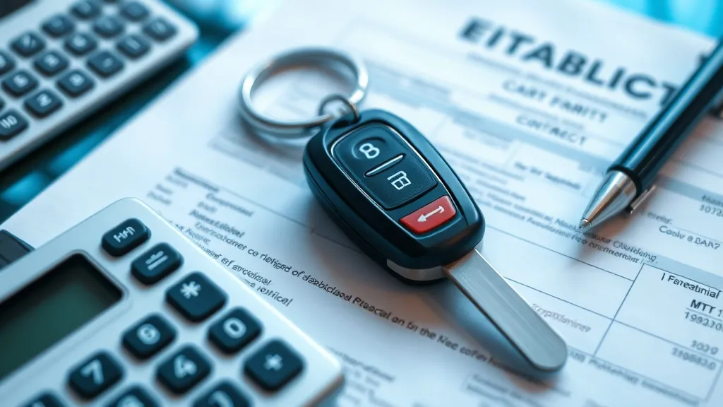 Close up of a calculator, car keys, and a financial contract