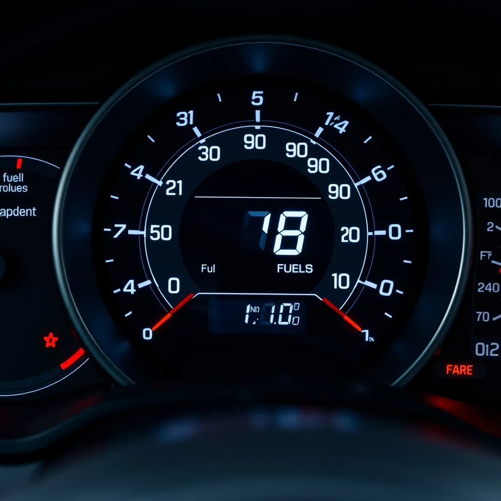 A technical close-up of a modern digital fuel gauge and cons