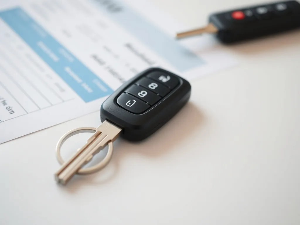 A close-up of a silver modern car key lying on a clean white