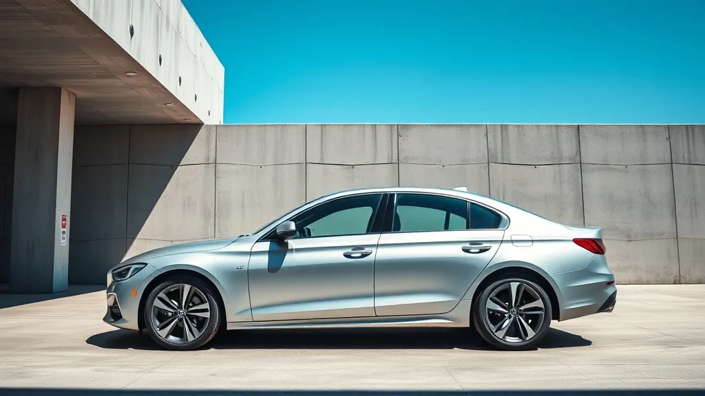 A modern silver car parked in a minimalist concrete architec